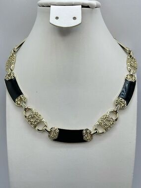 Vintage Gold Tone Black Enamel Statement Necklace Bold Geometric Link Filigree